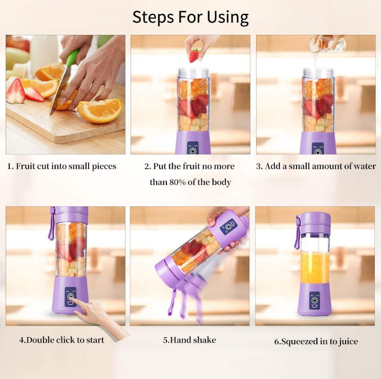 Rechargeable Portable Mini Juicer Blender – 6 Blades, 380ml Outdoor Juicing Cup [Random Color]